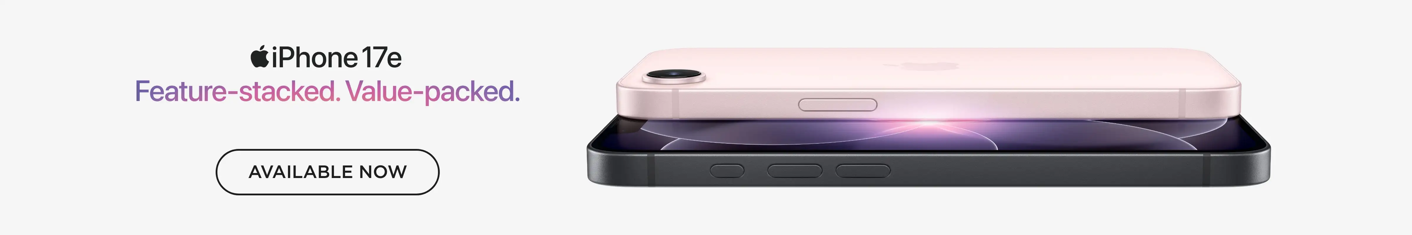 iPhone 17e official logo with Apple icon above "Feature stacked, value packed" in black font with a pink iPhone 17e underneath.